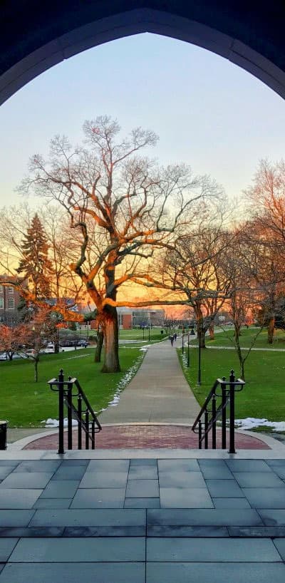 Looking through the doorway of the Ruane Center at sunset